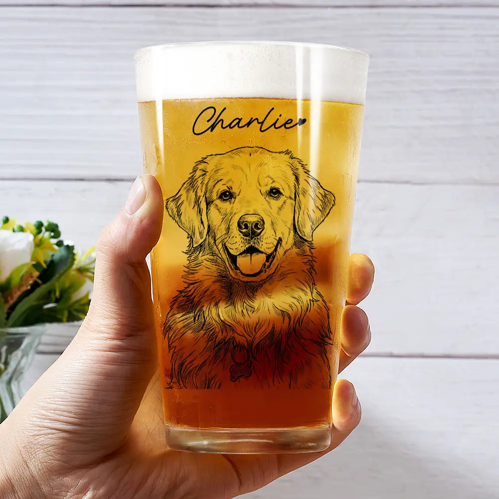 Custom Photo Pencil Sketch Family Dog Cat Portrait - Personalized Beer Glass