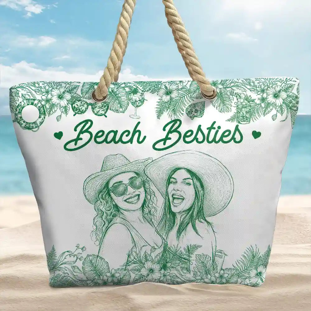 Custom Photo Pencil Sketch Girls Trip Family Trip - Personalized Beach Bag