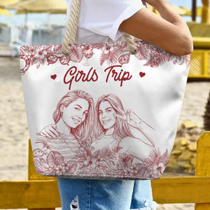 Custom Photo Pencil Sketch Girls Trip Family Trip - Personalized Beach Bag
