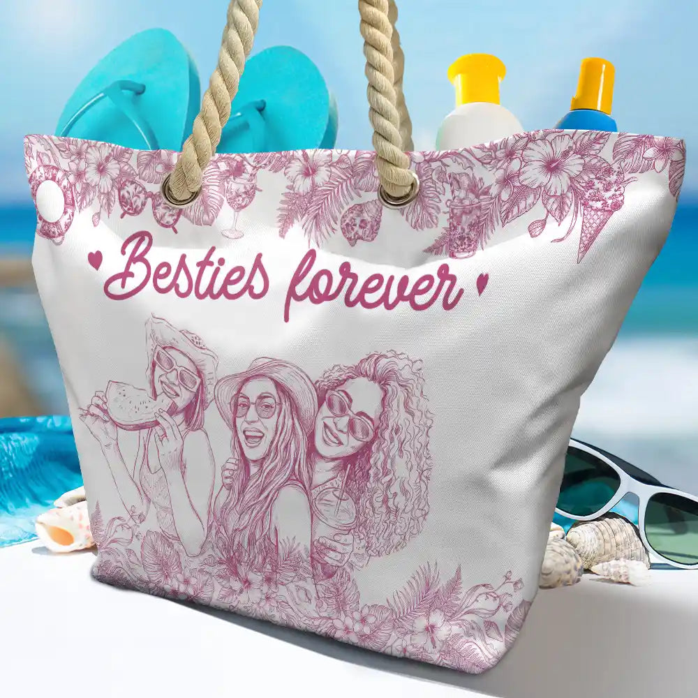 Custom Photo Pencil Sketch Girls Trip Family Trip - Personalized Beach Bag