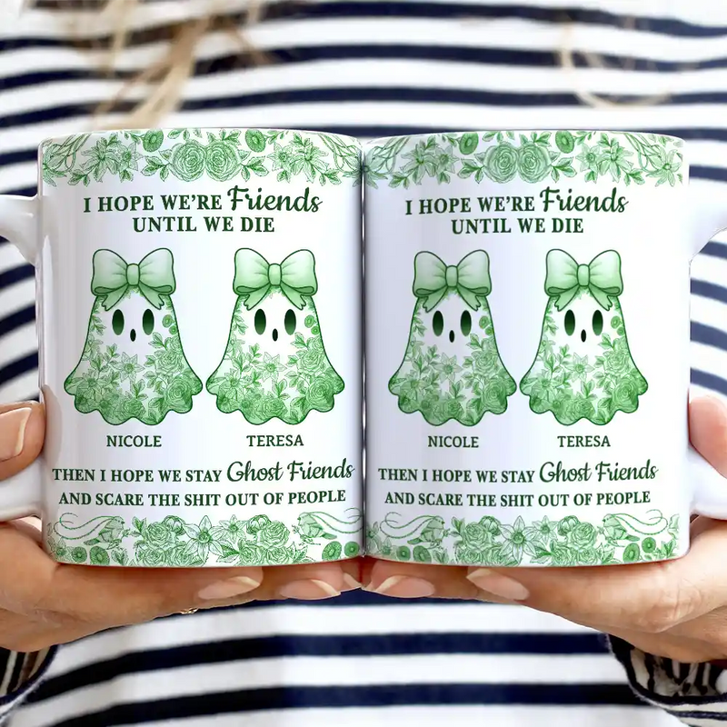 Cute Ghost Bestie Friends Until We Die Toile De Jouy Pattern - Personalized White Edge-to-Edge Mug