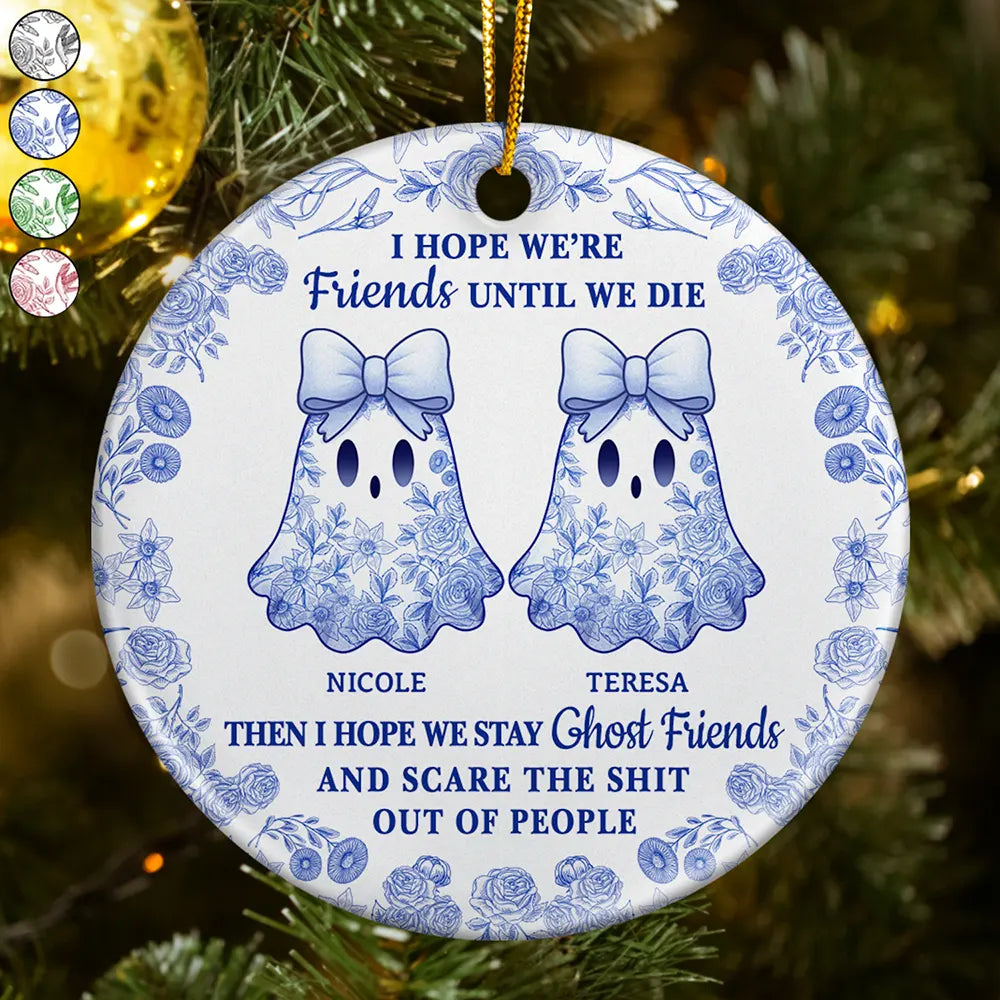 Cute Ghost Bestie Friends Until We Die Toile De Jouy Pattern - Personalized Circle Ceramic Ornament