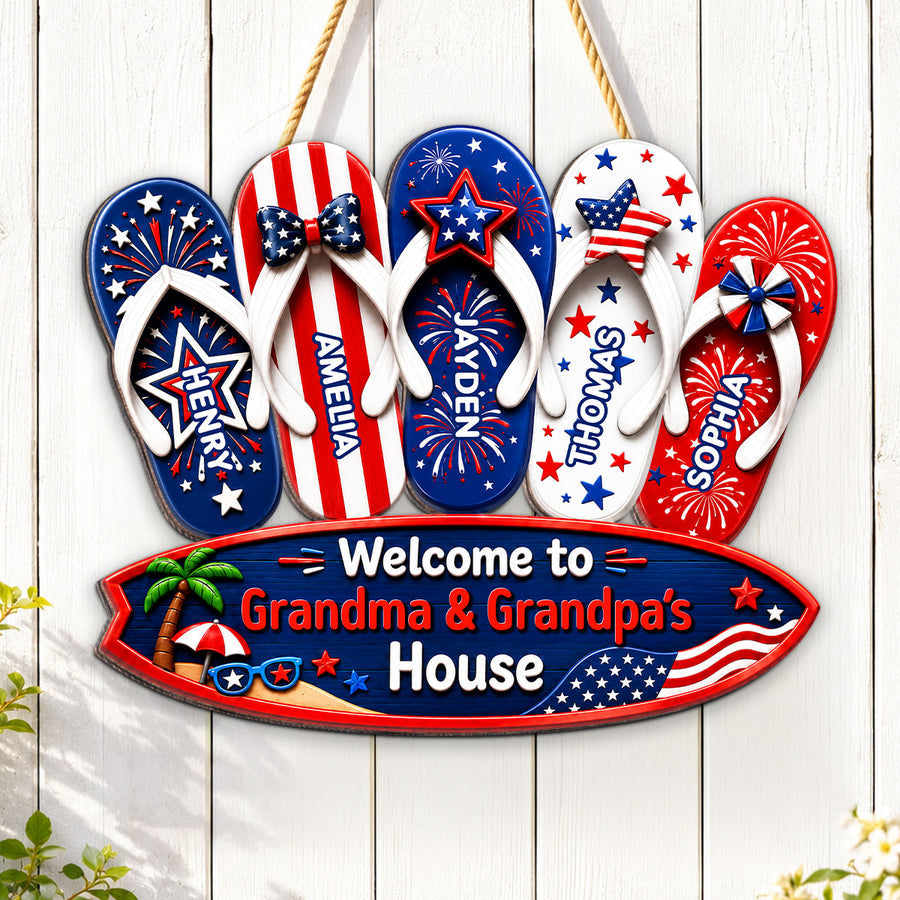 Welcome To Grandma Grandpa House Summer America 250th Anniversary - Personalized Wood Sign - Gift For Grandparents, 4th of July Decoration