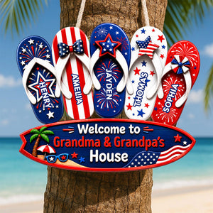 Welcome To Grandma Grandpa House Summer America 250th Anniversary - Personalized Wood Sign - Gift For Grandparents, 4th of July Decoration