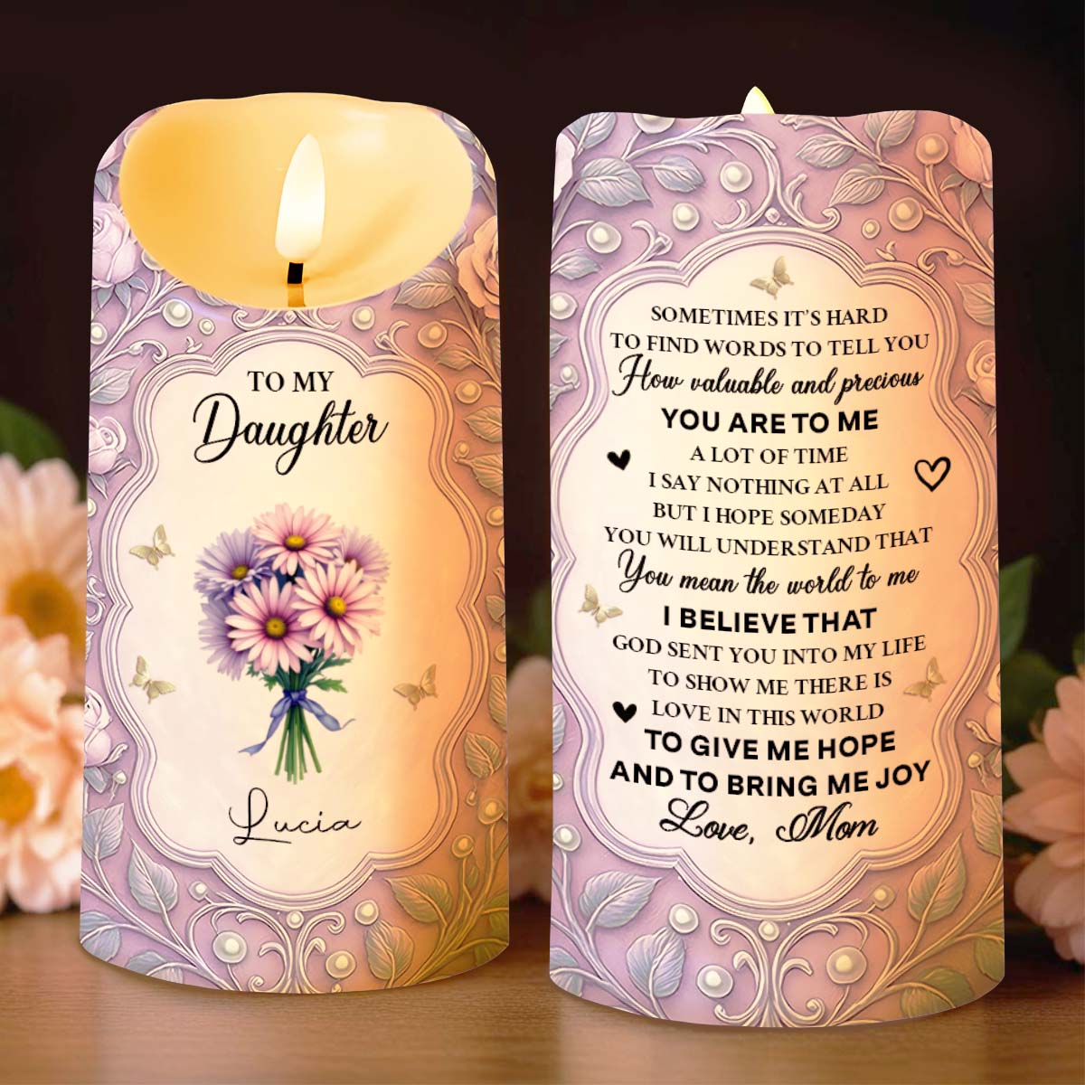To My Daughter, Candle With Flowers And Hearts, Gift For Daughters
