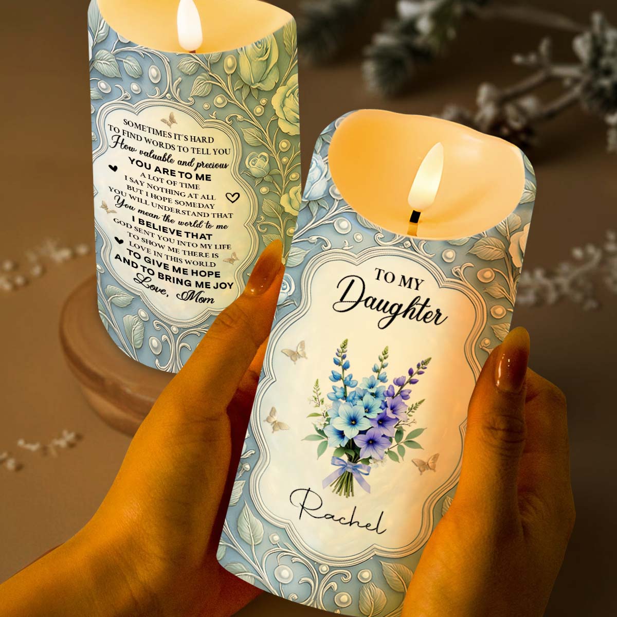 To My Daughter, Candle With Flowers And Hearts, Gift For Daughters