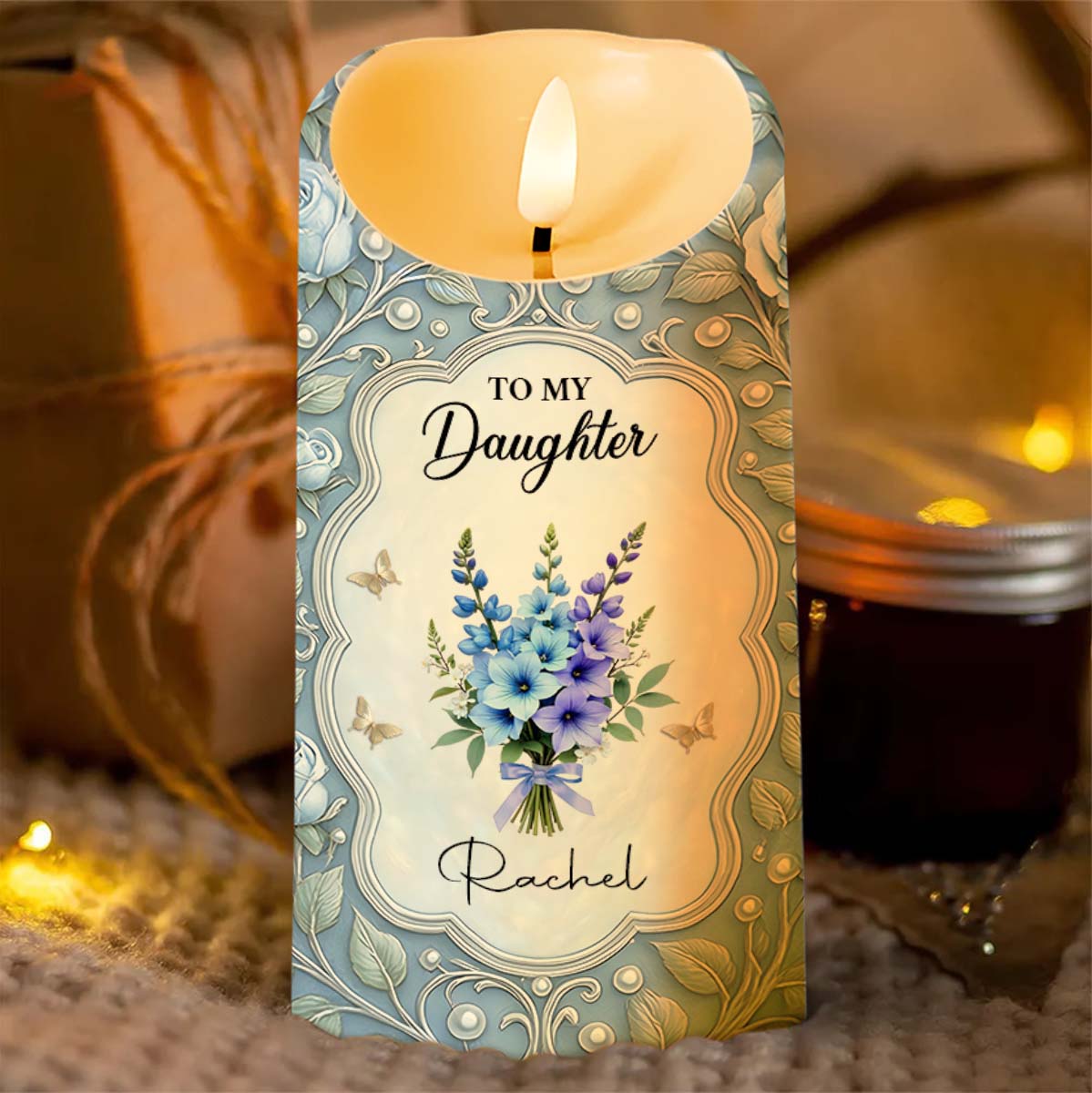 To My Daughter, Candle With Flowers And Hearts, Gift For Daughters