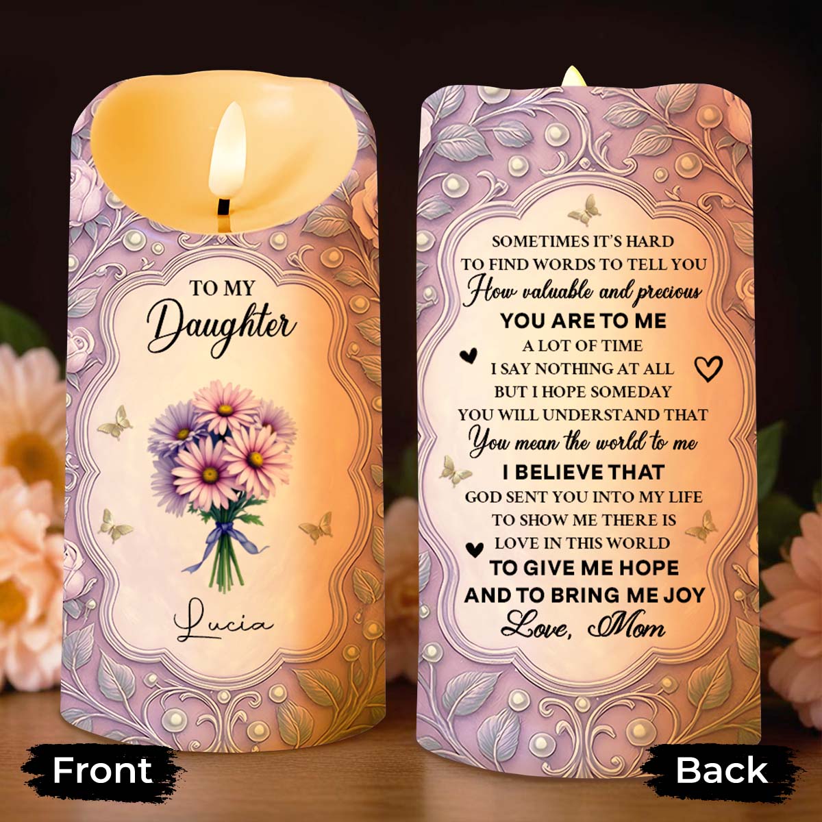 To My Daughter, Candle With Flowers And Hearts, Gift For Daughters