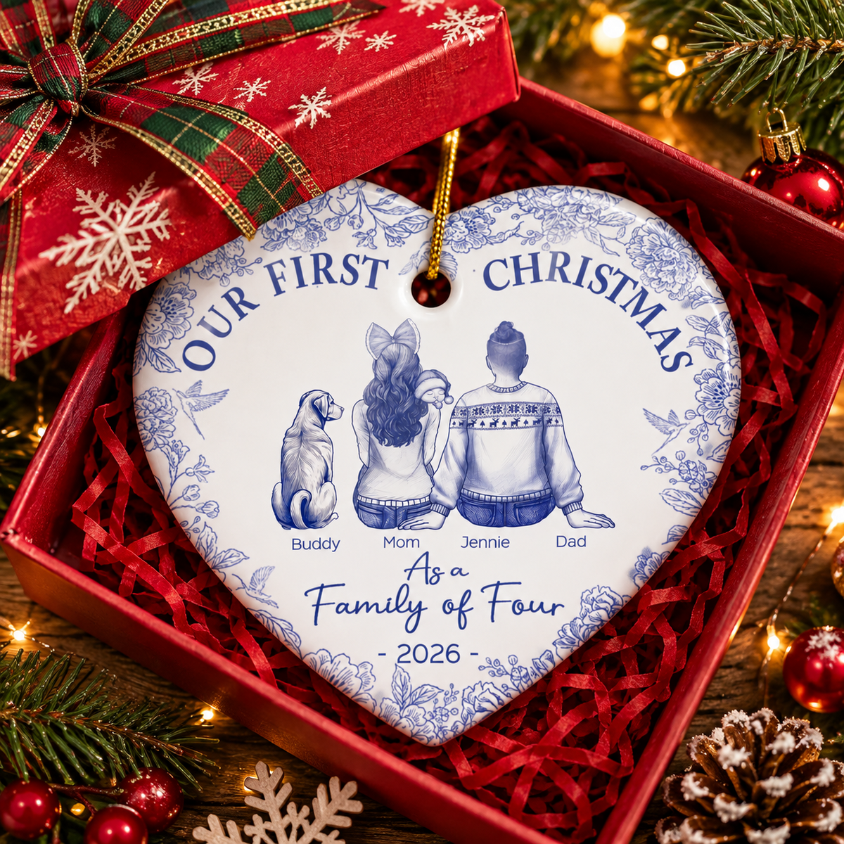 First Christmas As A Family Of Three New Parents Toile - Personalized Heart Ceramic Ornament