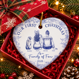 First Christmas As A Family Of Three New Parents Toile - Personalized Heart Ceramic Ornament