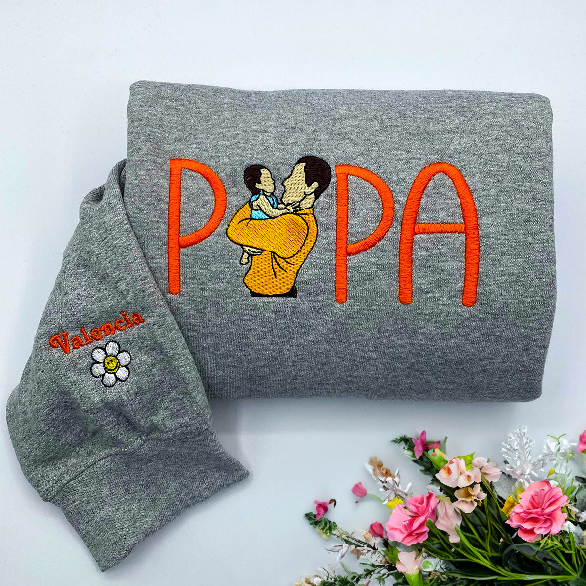 Papa Sweatshirt or Hoodie with Embroidered Dad Photo Portrait, Kids Names on Sleeve, Personalized Fathers Day Gifts from Portrait Photo Sweatshirt, Unique Gifts for Dad