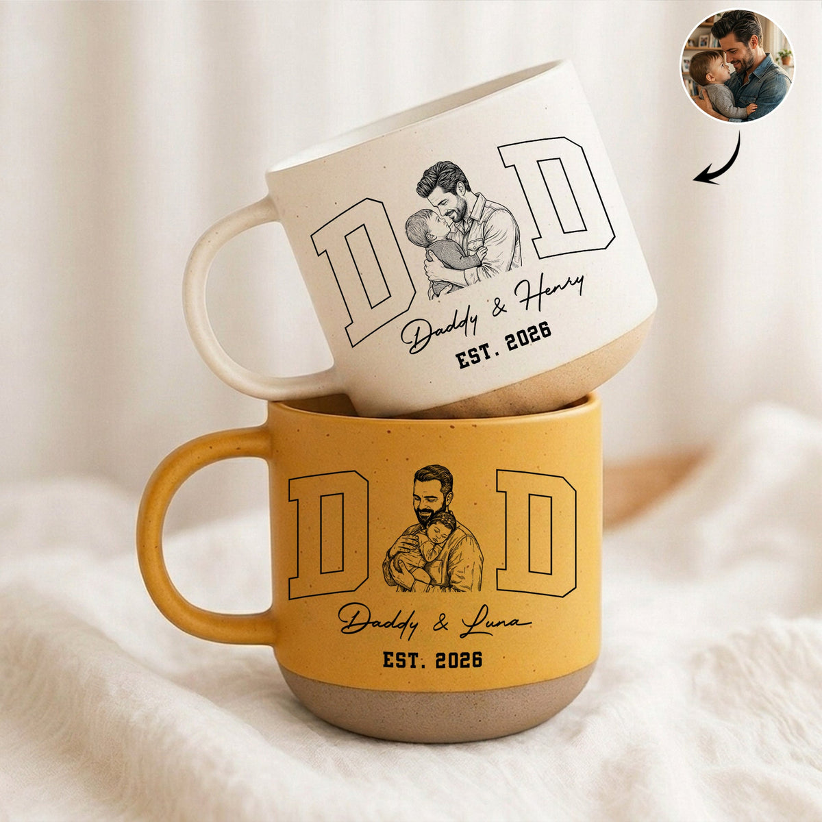 Father's Day Gifts, Dad Est Custom Photo Sketch Line Art Father's Day Gift For Husband, Dad - Personalized Pottery Mug