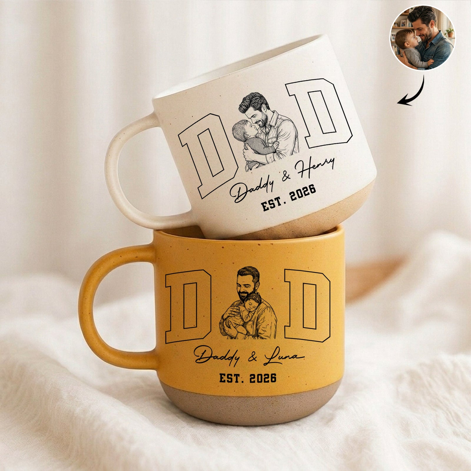 Father's Day Gifts, Dad Est Custom Photo Sketch Line Art Father's Day Gift For Husband, Dad - Personalized Pottery Mug