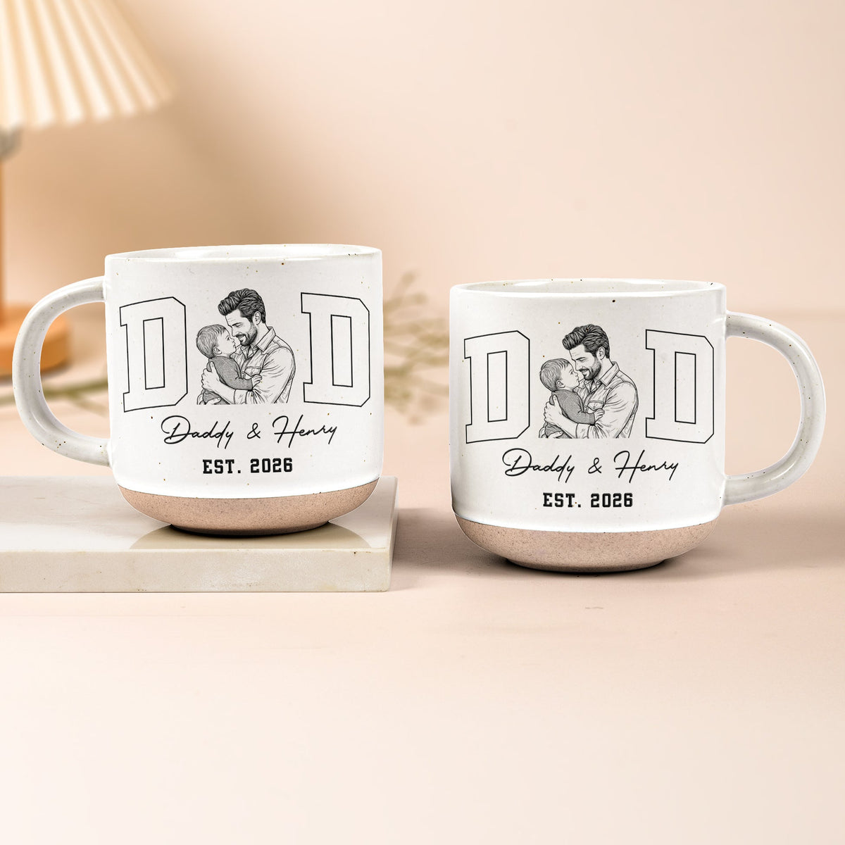 Father's Day Gifts, Dad Est Custom Photo Sketch Line Art Father's Day Gift For Husband, Dad - Personalized Pottery Mug