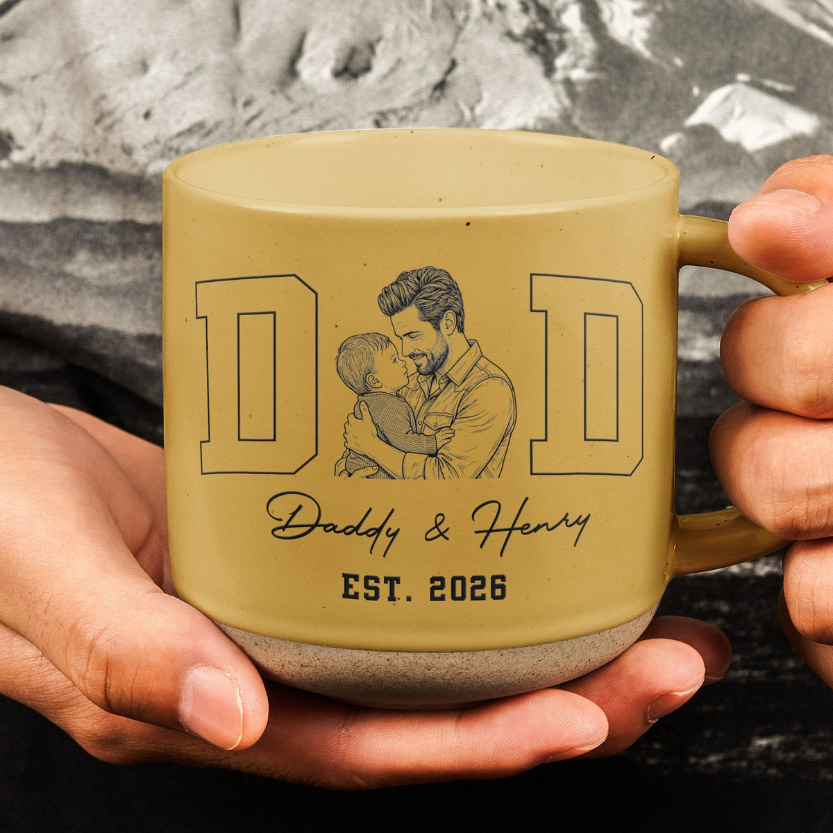 Father's Day Gifts, Dad Est Custom Photo Sketch Line Art Father's Day Gift For Husband, Dad - Personalized Pottery Mug