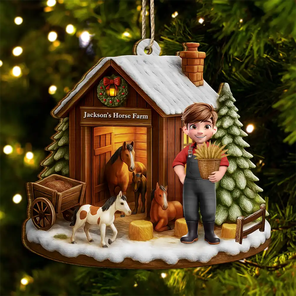 3D Effect Christmas Horse Farm - Personalized Custom Shaped Wooden Ornament