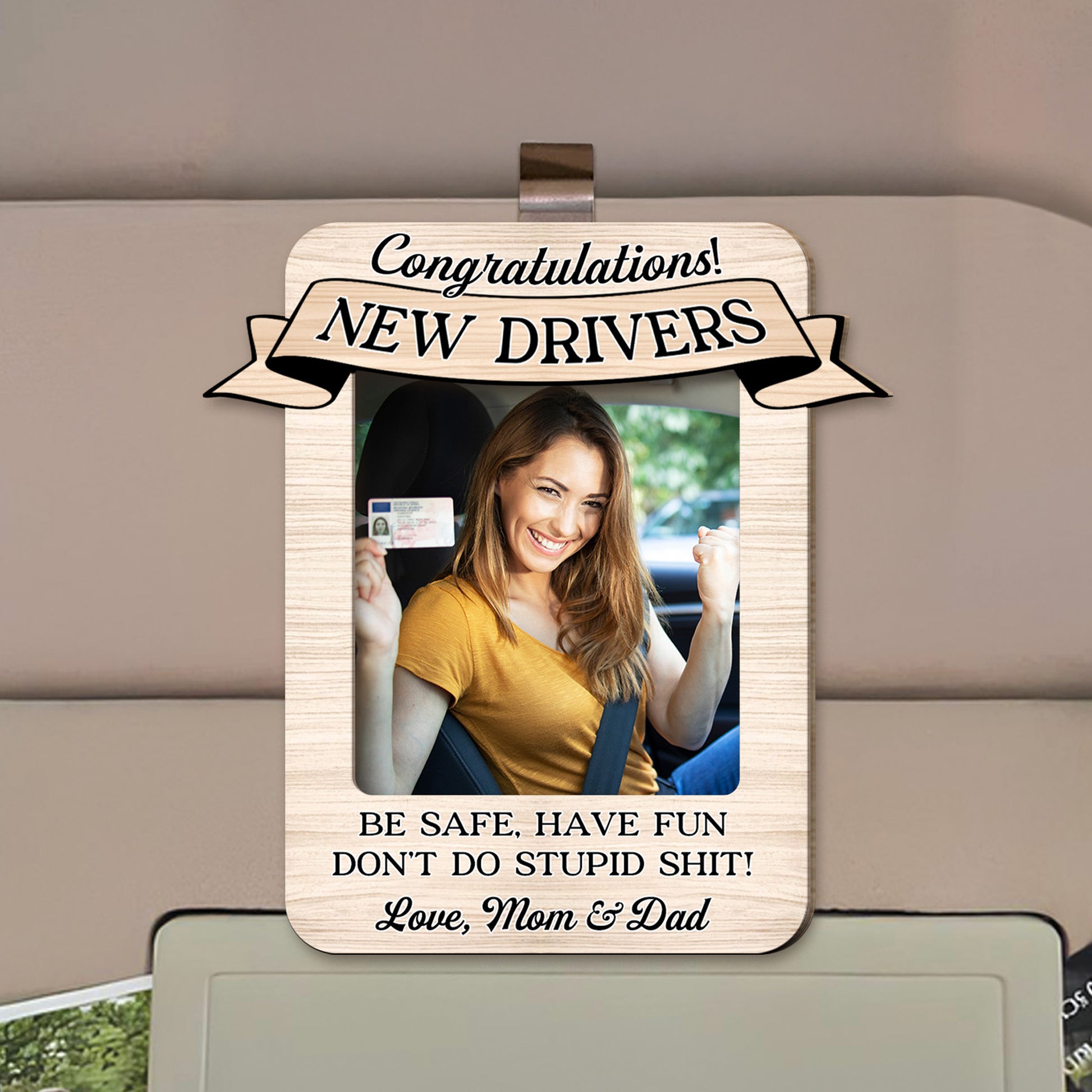 Don't Do Stupid Sh*t - Personalized Photo Wooden Car Visor Clip - Gift For New Drivers