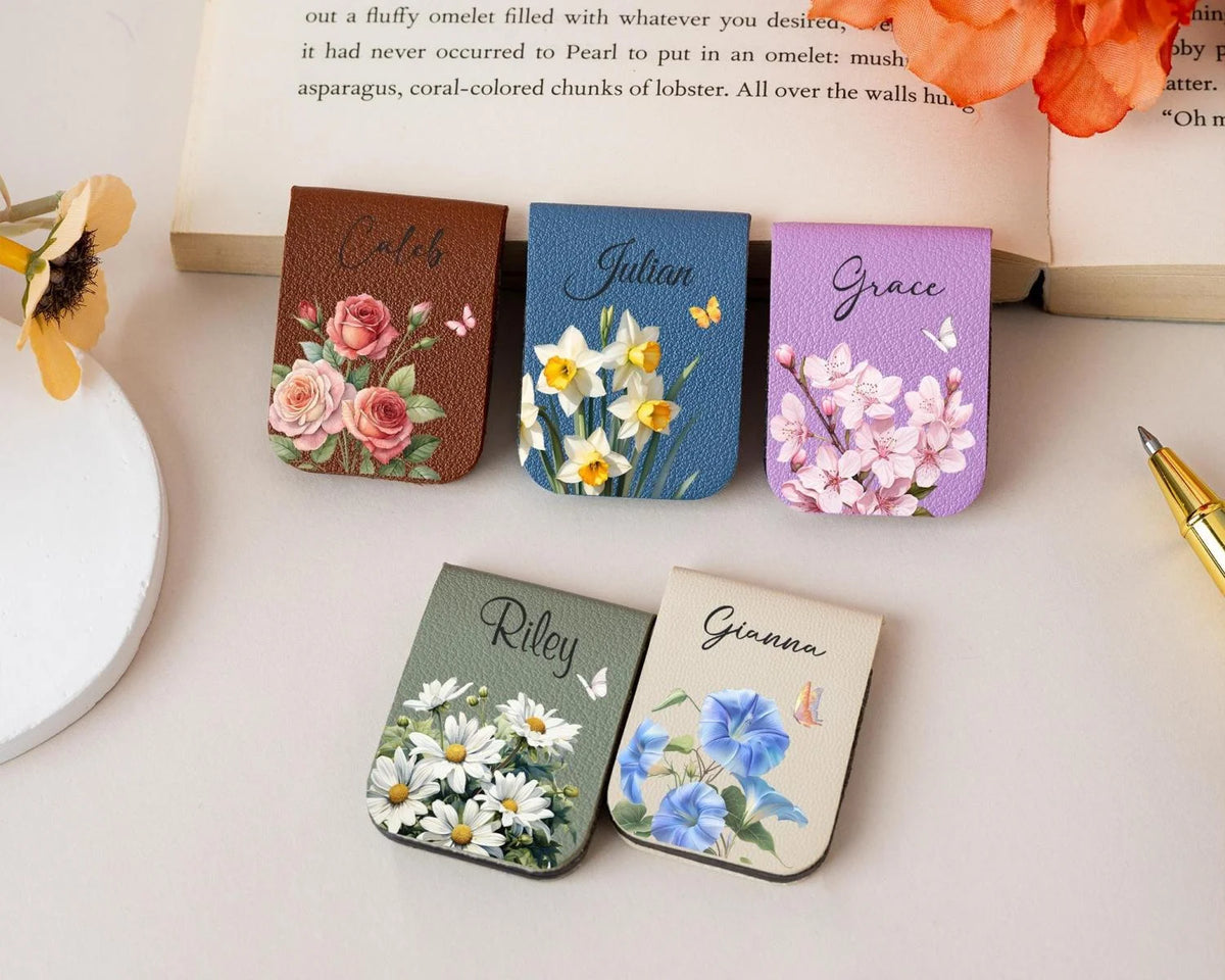 Personalized Magnetic Bookmark with Birth Flower, Custom Leather Name Bookmark, Bridemaid Gift, Book Lovers Gift, Birthday Gift for Friends