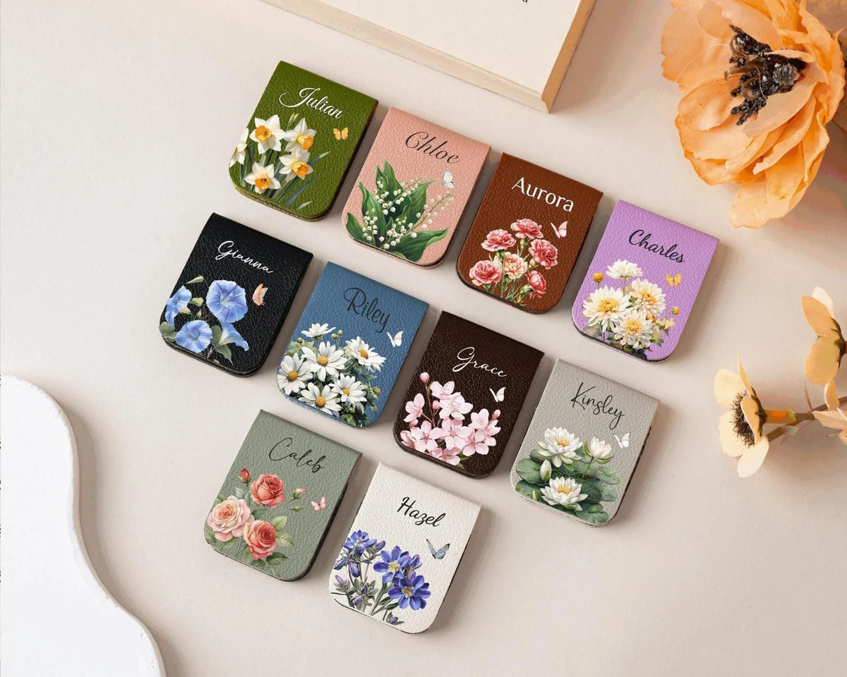 Personalized Magnetic Bookmark with Birth Flower, Custom Leather Name Bookmark, Bridemaid Gift, Book Lovers Gift, Birthday Gift for Friends