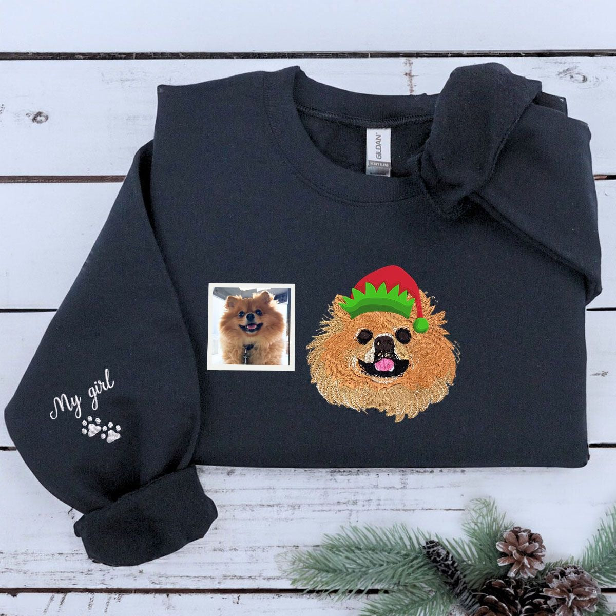 Personalized Dog Christmas Sweatshirt / Hoodie with Embroidered Photo, Unique Dog Lover Gift