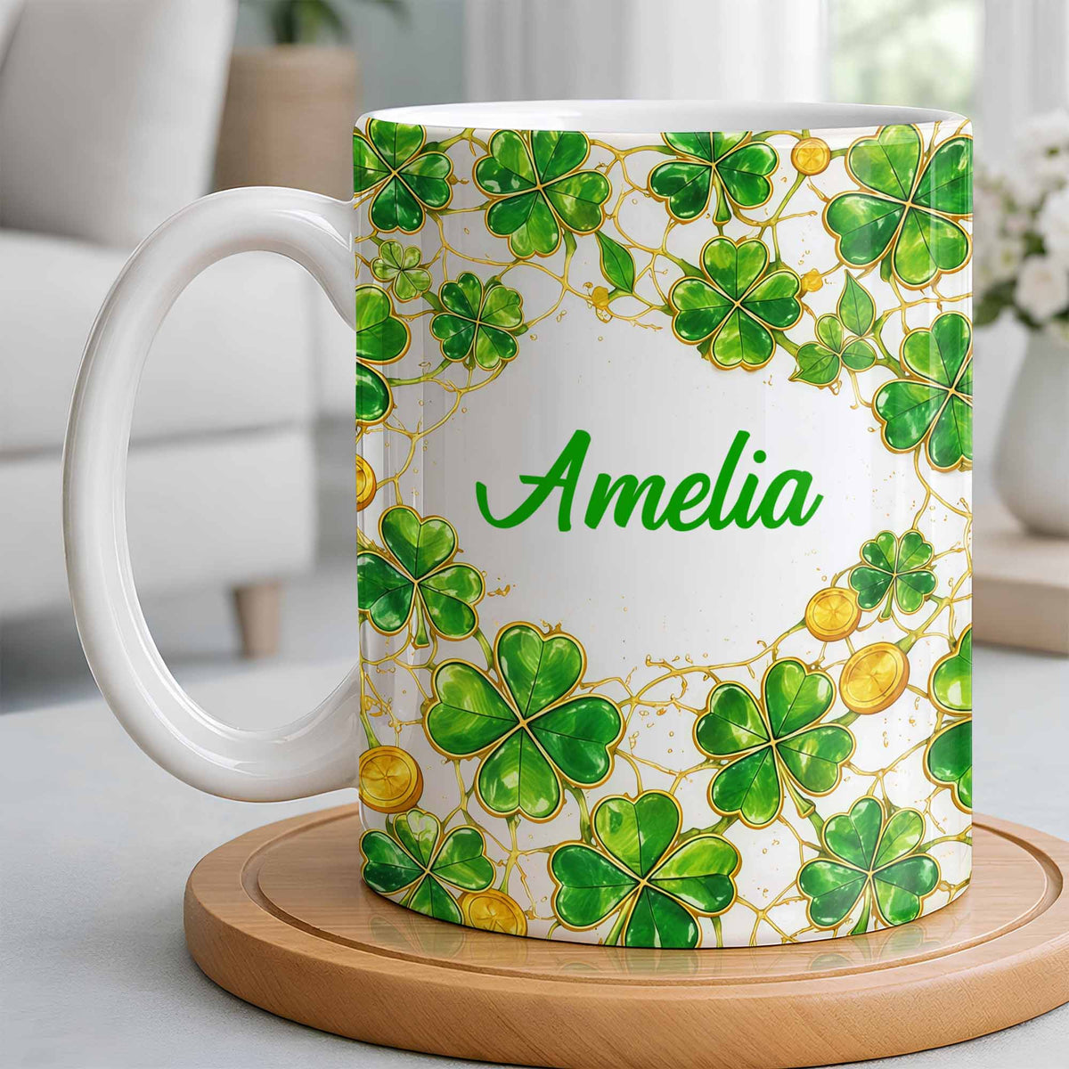 Amelia Shamrocks And Coins, Personalized Coffee Mug, Gift For Besties and Friends