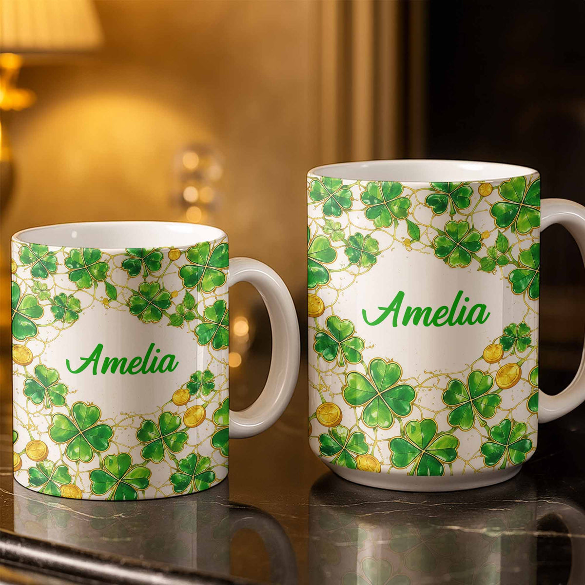 Amelia Shamrocks And Coins, Personalized Coffee Mug, Gift For Besties and Friends