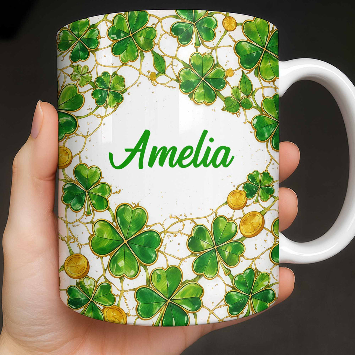 Amelia Shamrocks And Coins, Personalized Coffee Mug, Gift For Besties and Friends