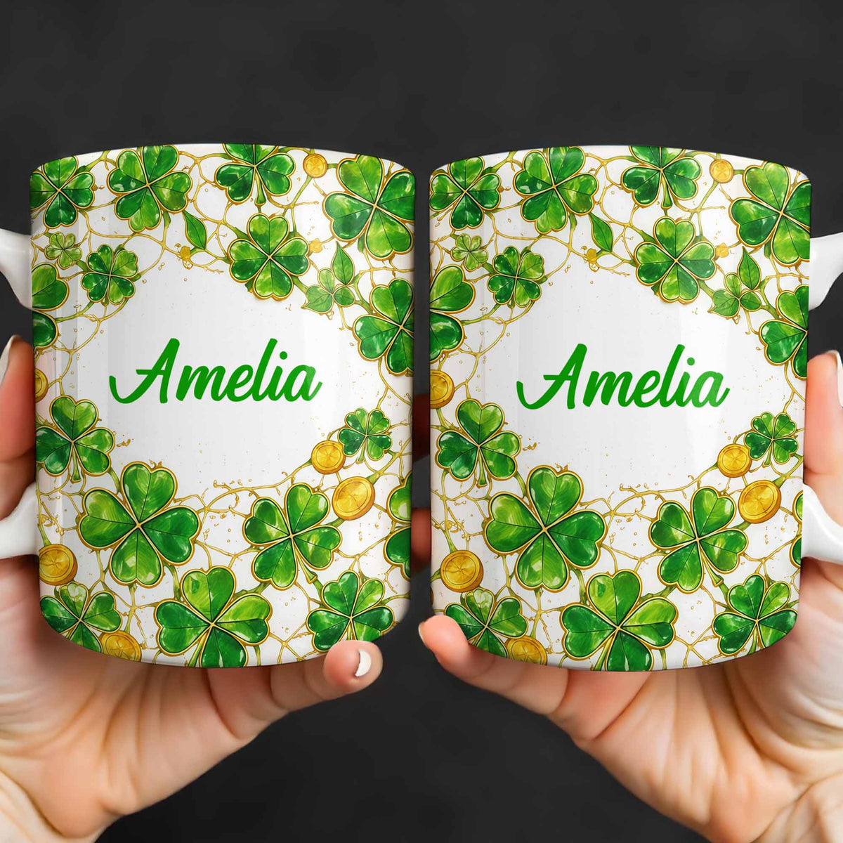 Amelia Shamrocks And Coins, Personalized Coffee Mug, Gift For Besties and Friends