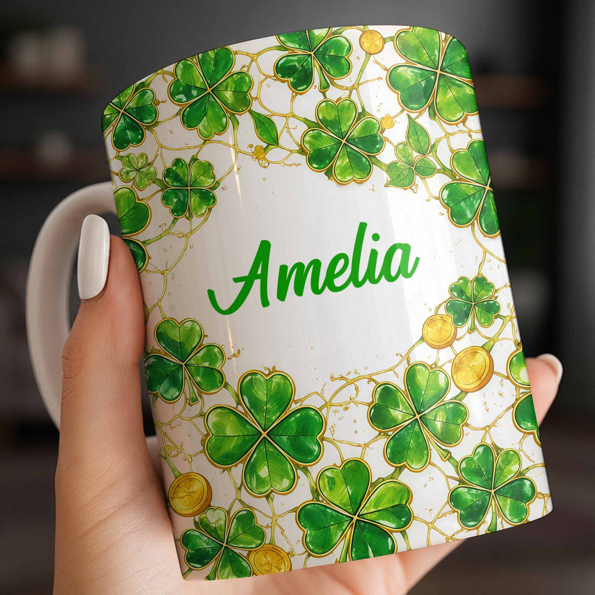 Amelia Shamrocks And Coins, Personalized Coffee Mug, Gift For Besties and Friends