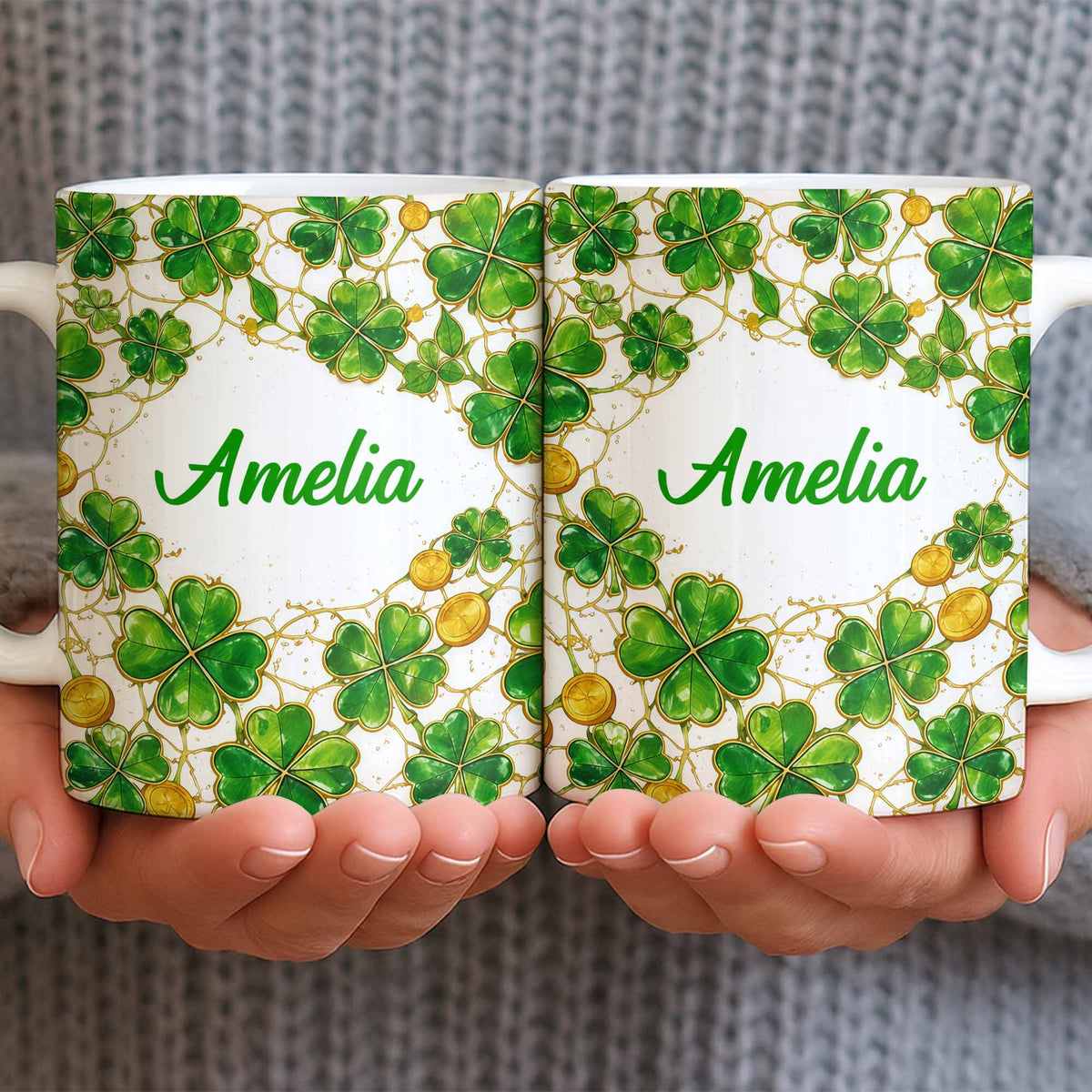 Amelia Shamrocks And Coins, Personalized Coffee Mug, Gift For Besties and Friends