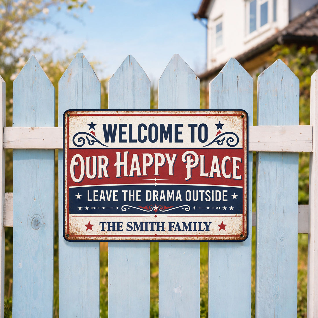 Welcome To Our Happy Place, Personalized Metal Sign, Gift For Family Independence Day Gift, 4th of July Gift Housewarming Gift