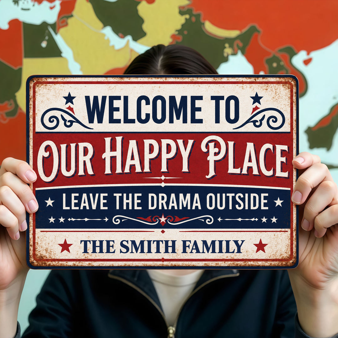 Welcome To Our Happy Place, Personalized Metal Sign, Gift For Family Independence Day Gift, 4th of July Gift Housewarming Gift
