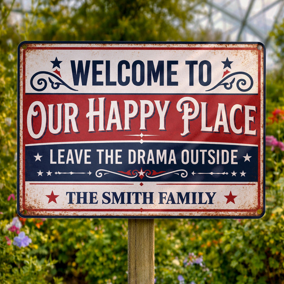 Welcome To Our Happy Place, Personalized Metal Sign, Gift For Family Independence Day Gift, 4th of July Gift Housewarming Gift
