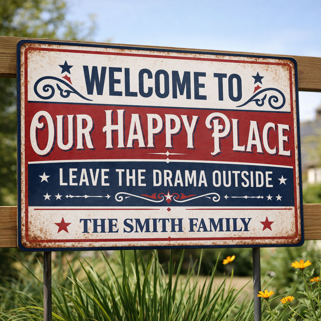 Welcome To Our Happy Place, Personalized Metal Sign, Gift For Family Independence Day Gift, 4th of July Gift Housewarming Gift