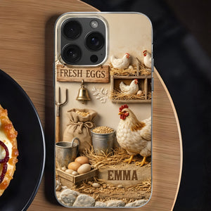 Fresh Eggs With Chickens And Farm Tools Design,Personalized Clear Phone Case,Gift For Farm Owners And Chicken Enthusiasts