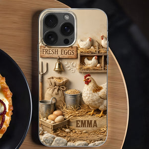 Fresh Eggs With Chickens And Farm Tools Design,Personalized Clear Phone Case,Gift For Farm Owners And Chicken Enthusiasts