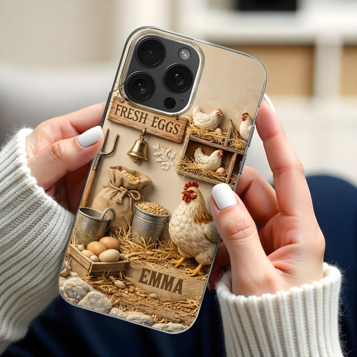 Fresh Eggs With Chickens And Farm Tools Design,Personalized Clear Phone Case,Gift For Farm Owners And Chicken Enthusiasts