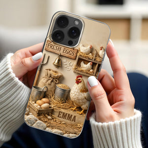 Fresh Eggs With Chickens And Farm Tools Design,Personalized Clear Phone Case,Gift For Farm Owners And Chicken Enthusiasts