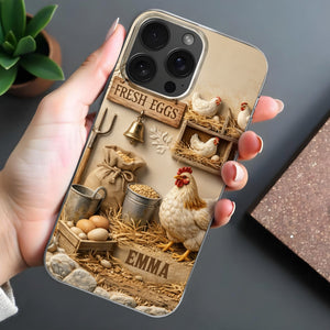 Fresh Eggs With Chickens And Farm Tools Design,Personalized Clear Phone Case,Gift For Farm Owners And Chicken Enthusiasts