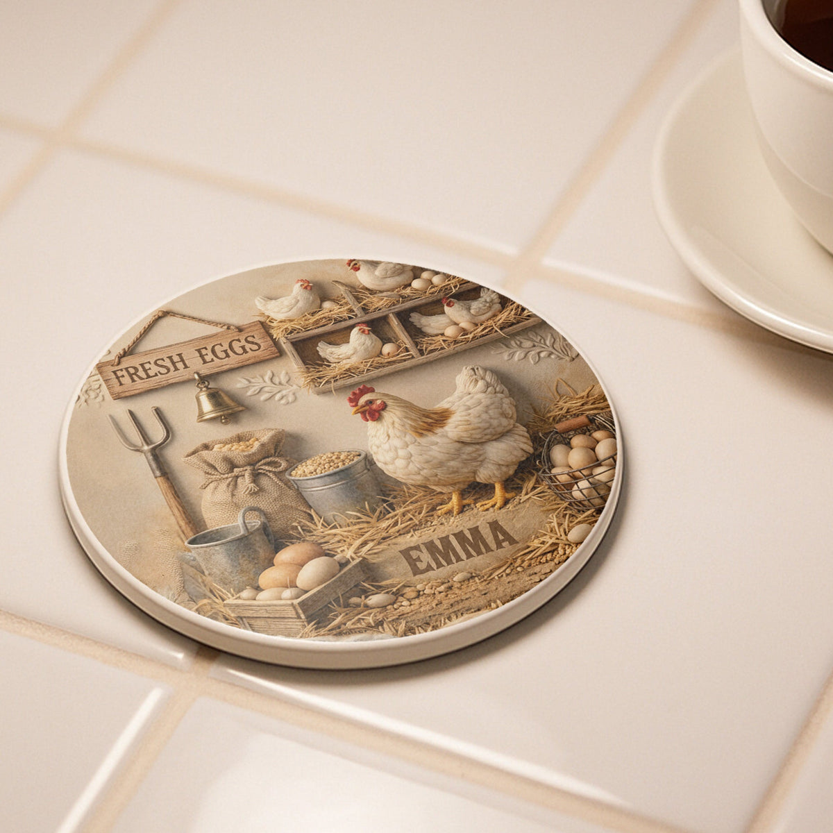 Fresh Eggs Farmhouse Coaster, Ceramic Coaster, Gift For Chicken Lovers