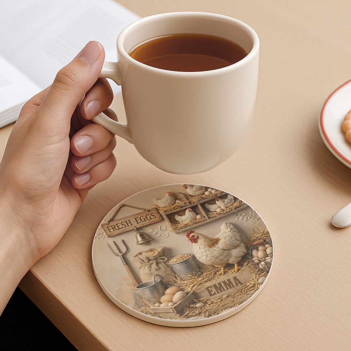 Fresh Eggs Farmhouse Coaster, Ceramic Coaster, Gift For Chicken Lovers