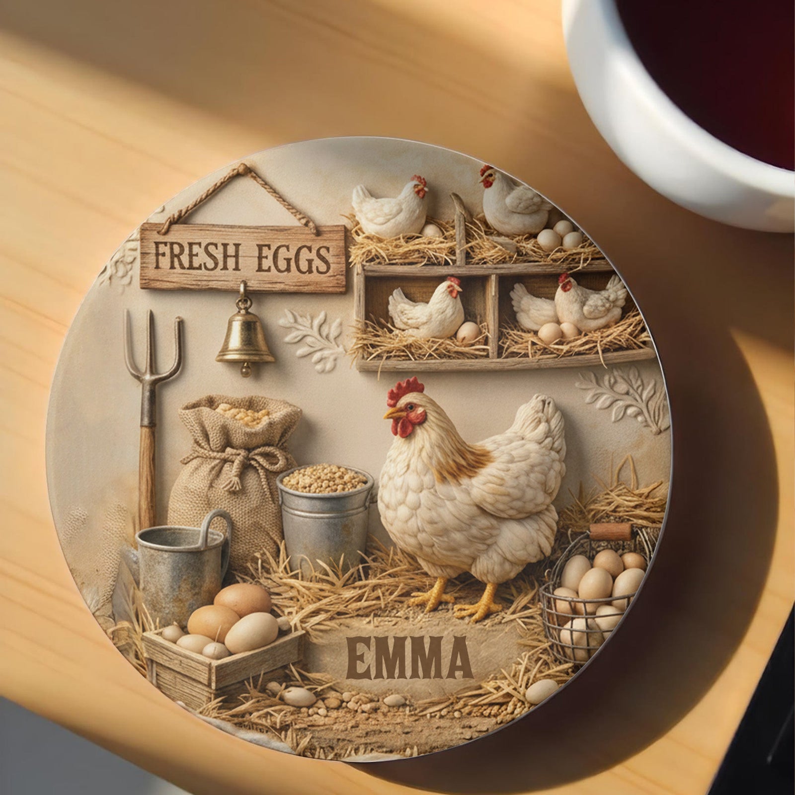 Fresh Eggs Farmhouse Coaster, Ceramic Coaster, Gift For Chicken Lovers