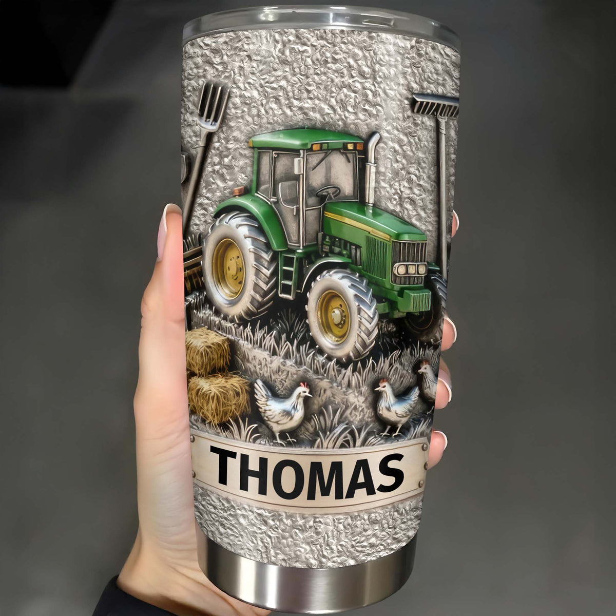 Customizable Farm-Themed Design With Tractor And Chickens, Personalized Stainless Steel Tumbler, Gift For Tractor Collectors and Farm Lovers