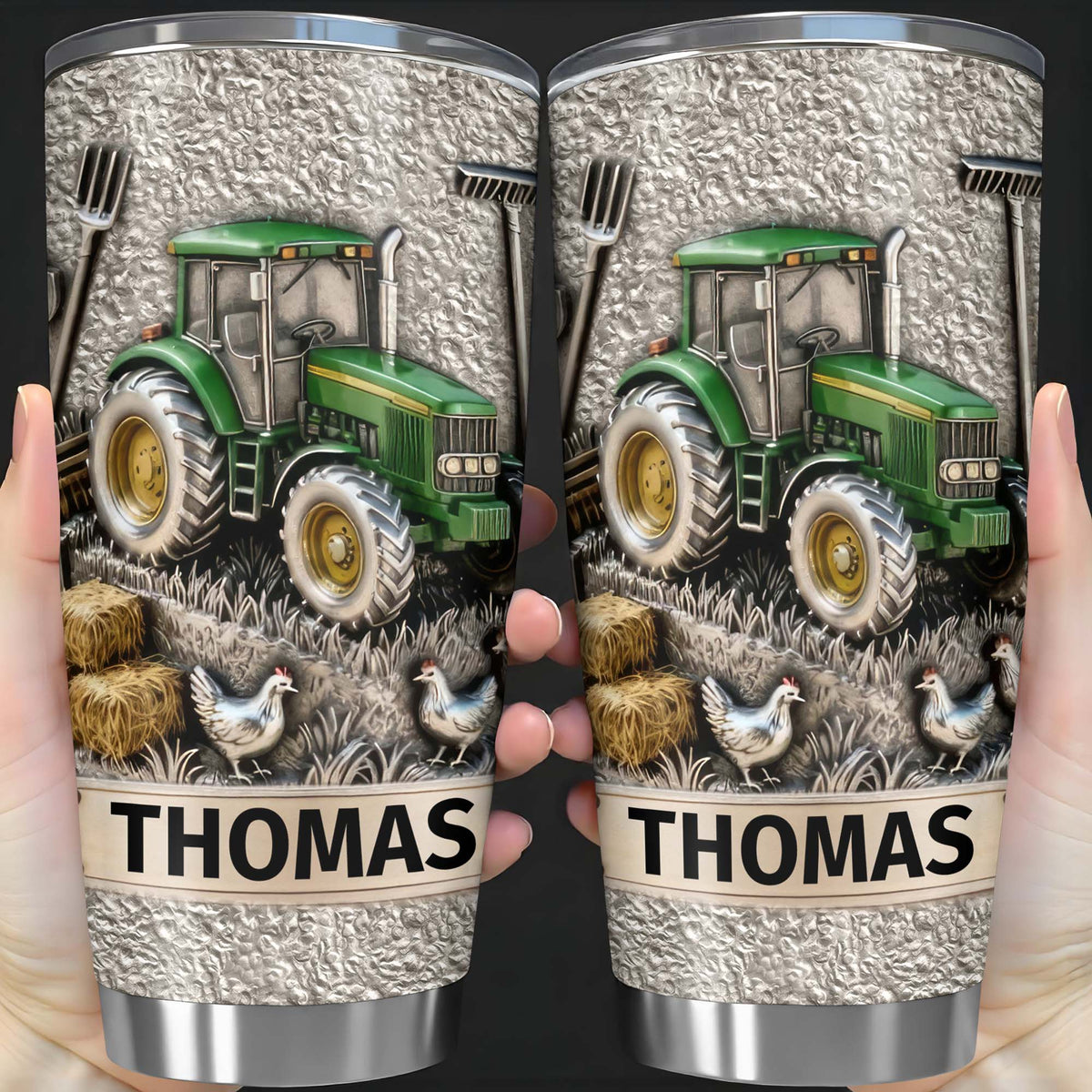 Customizable Farm-Themed Design With Tractor And Chickens, Personalized Stainless Steel Tumbler, Gift For Tractor Collectors and Farm Lovers