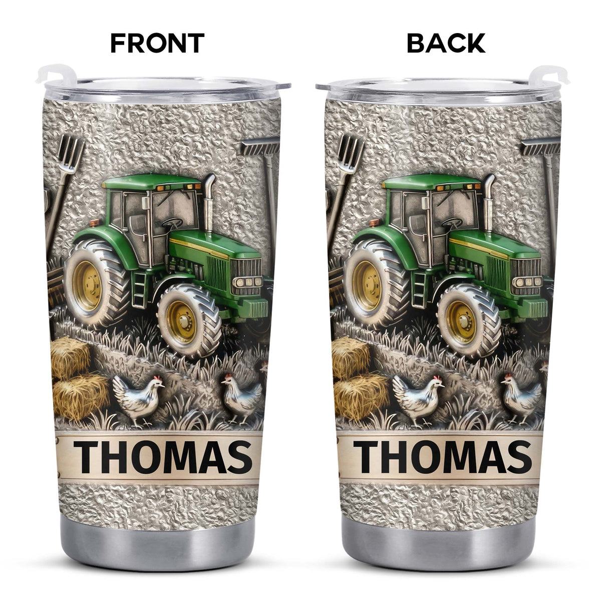 Customizable Farm-Themed Design With Tractor And Chickens, Personalized Stainless Steel Tumbler, Gift For Tractor Collectors and Farm Lovers