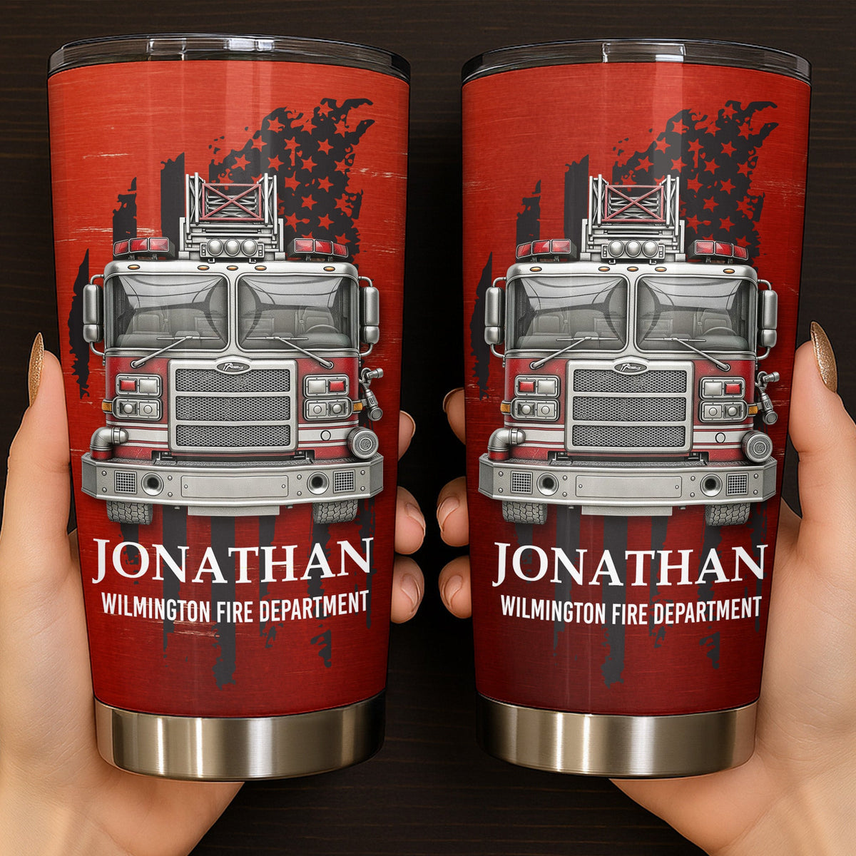 Fire Department With Fire Truck And Stars, Personalized Custom Stainless Steel Tumbler, Gift For Firefighters