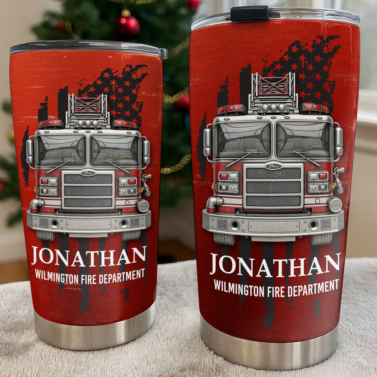 Fire Department With Fire Truck And Stars, Personalized Custom Stainless Steel Tumbler, Gift For Firefighters