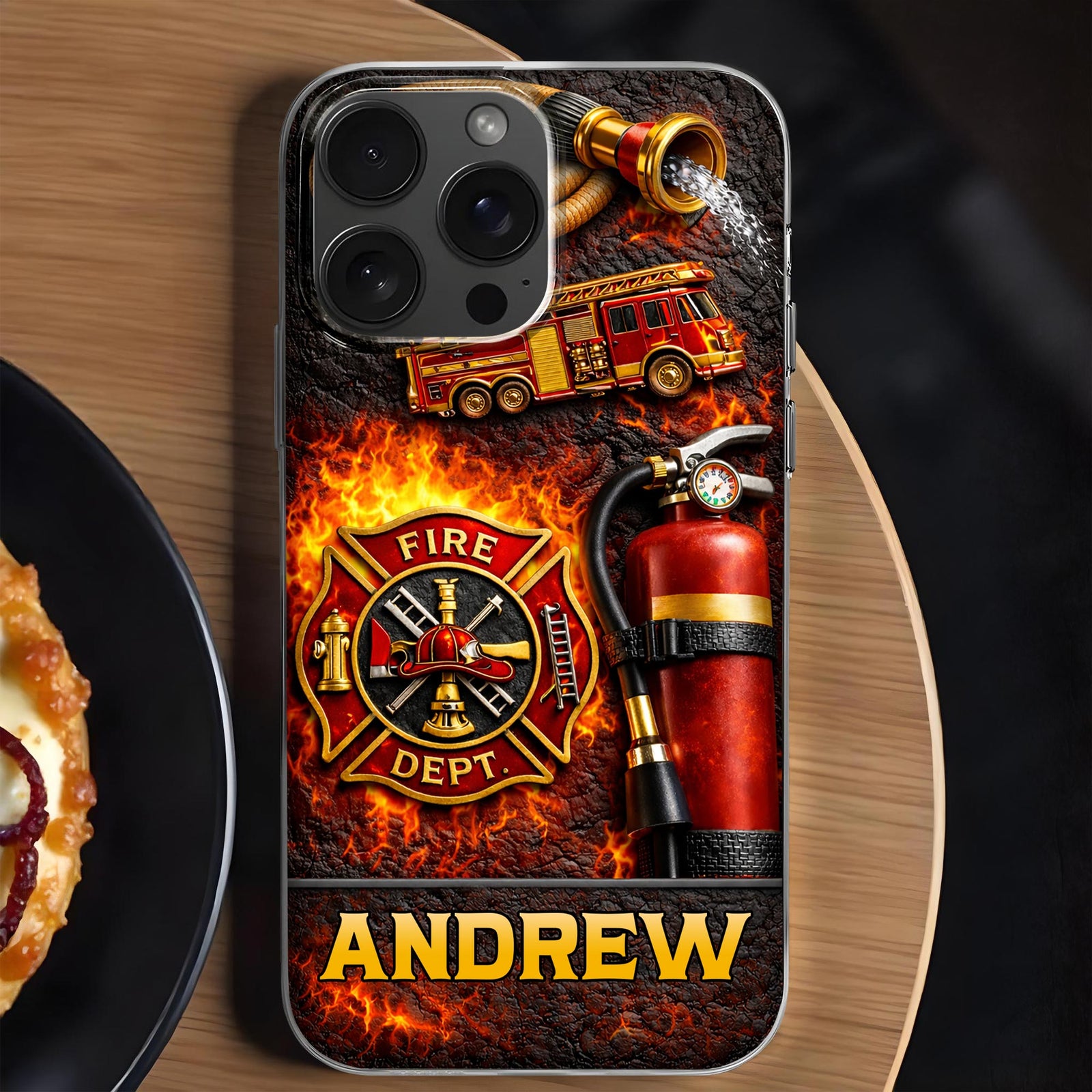 Fire Dept Firetruck and Badge, Personalized Clear Phone Case, Gift for Firefighters and Firefighter Lovers