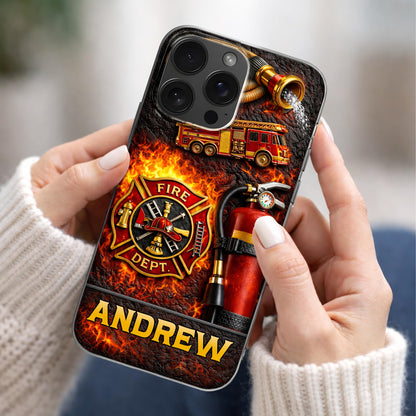 Fire Dept Firetruck and Badge, Personalized Clear Phone Case, Gift for Firefighters and Firefighter Lovers