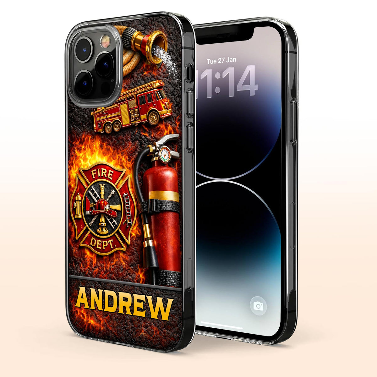 Fire Dept Firetruck and Badge, Personalized Clear Phone Case, Gift for Firefighters and Firefighter Lovers